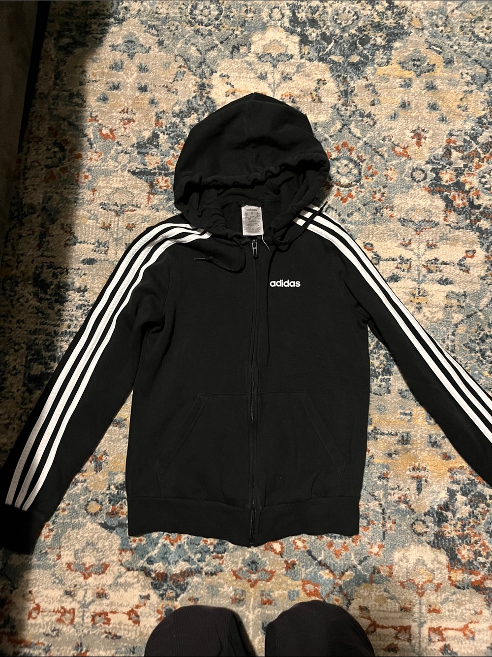 adidas Black Kids Hooded Zip Jacket with White Sleeve Stripes